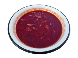 Red fat rural soup in a metal  plate isolated