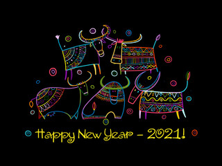 Happy new year card 2021. Funny Bulls family. Template for your design