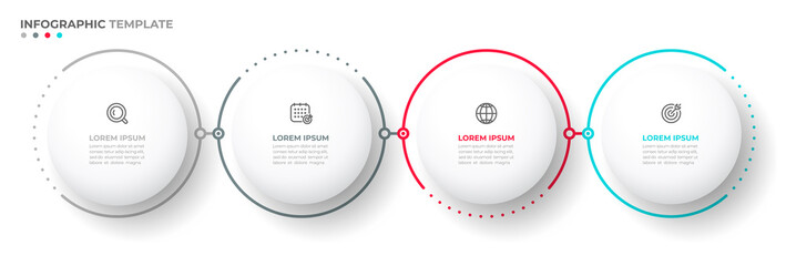 Business infographic timeline processes with 4 options, circles and icons. Vector illustration. Can be used for workflow layout, flow chart, annual report.