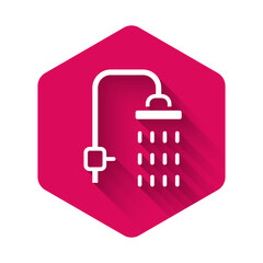 White Shower head with water drops flowing icon isolated with long shadow background. Pink hexagon button. Vector.
