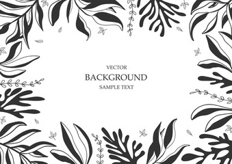 Floral vector template with leaves, plants for greeting card. Abstract natural elements. Vector plant print for holiday poster, background, cover, banner, invitation. Minimalistic, trendy design.