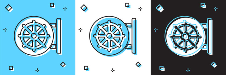 Set Dharma wheel icon isolated on blue and white, black background. Buddhism religion sign. Dharmachakra symbol. Vector.