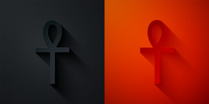 Paper cut Cross ankh icon isolated on black and red background. Paper art style. Vector.