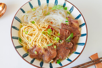 Beef Ramen noodle soup close up.