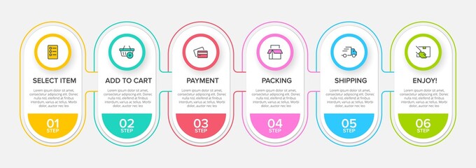 Concept of shopping process with 6 successive steps. Six colorful graphic elements. Timeline design for brochure, presentation, web site. Infographic design layout.