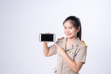 Thai teachers in official uniform holding mobile or smartphone