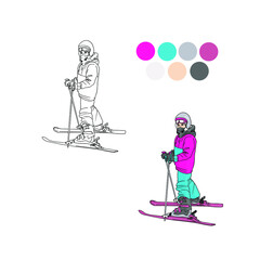 Fototapeta na wymiar Vector illustration of a skier for coloring, a selection of colors for coloring an athlete. Winter sports illustration for printing print, logo, icon, children's books, coloring books