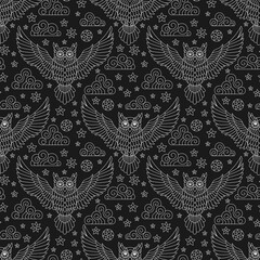 Seamless pattern with owls, stars and clouds, light contour birds on a dark background