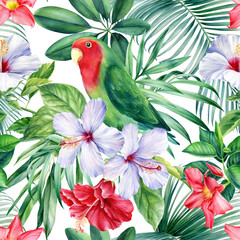 Seamless patterns. Parrots and palm leaves, tropical plants on white background, watercolor botanical illustration