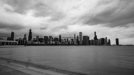 Chicago skyline in a cloudy day. View from Adler Planetarium. Black and white.
