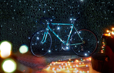 bicycle in colorful lights. warm and cold light