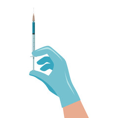 A gloved hand with a syringe. The health worker is preparing for vaccination. Vector illustration isolated on a white background for design and web.
