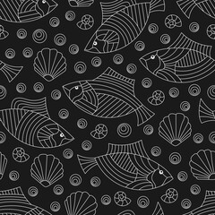 Naklejka premium Seamless pattern on a marine theme with fish and shells, light contour fishes on a dark background