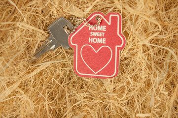 Dry yellow straw grass background texture after havest with symbol of the house with silver key ....