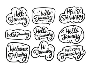 A set of phrases celebrating January: "Hello January" and "Welcome January," presented in charming hand-drawn style within decorative frames.