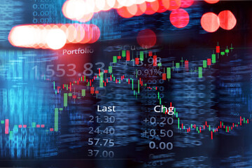 graph line of trade stock market and index number on glow blur city light blue banner business background