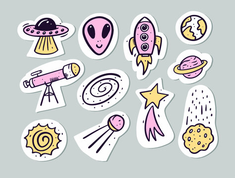 Space and cosmic doodle stickers set. Hand drawn cartoon stickers. Vector illustration. Isolated on grey background.