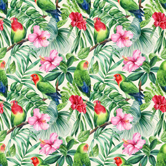 Obraz na płótnie Canvas Seamless patterns. Parrots lovebirds and palm leaves, tropical plants on white background, watercolor illustration