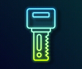 Glowing neon line Car key with remote icon isolated on black background. Car key and alarm system. Vector.