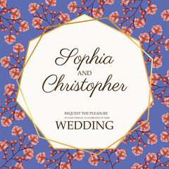 wedding invitation card with golden frame and pink flowers frame