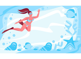 A girl in flippers and a mask swims in the depths of the ocean. Starfish, shellfish, fish. Vector template. Illustration in flat cartoon style.