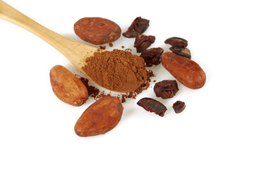 cocoa nibs and beans isolated on white background