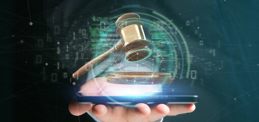 Businessman holding a Justice hammer and data - 3d rendering