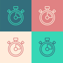 Pop art line Stopwatch icon isolated on color background. Time timer sign. Chronometer sign. Vector.