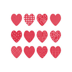 Set of hearts for Valentine's Day. Design of postcards, invitations, posters, t-shirt print. Hearts with trendy patterns - dot, cell, pea, waves. Vector illustration