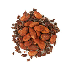 cocoa nibs and beans isolated on white background