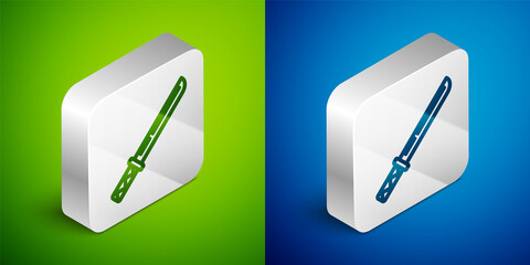 Isometric line Traditional Japanese katana icon isolated on green and blue background. Japanese sword. Silver square button. Vector.