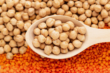 Raw chickpea in wood spoon on chickpea and lentil background, close up.
