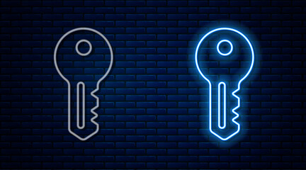 Glowing neon line House key icon isolated on brick wall background. Vector.