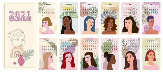 2021 Calendar Faces Woman portraites minimal abstract contemporary style