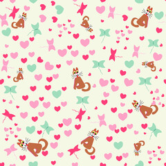 Seamless pattern with hearts and cats for printing on Valentine's day.