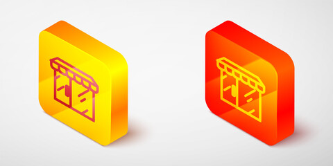 Isometric line Shopping building or market store icon isolated on grey background. Shop construction. Yellow and orange square button. Vector.