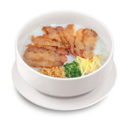 BBQ Pork Congee in white bowl, clipping path