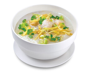 Congee with minced pork in white bowl, clipping path