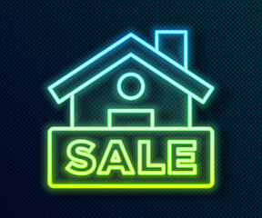 Glowing neon line Hanging sign with text Sale icon isolated on black background. Signboard with text Sale. Vector.