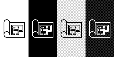 Set line House plan icon isolated on black and white, transparent background. Vector.