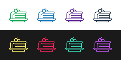 Set line Piece of cake icon isolated on black and white background. Happy Birthday. Vector.