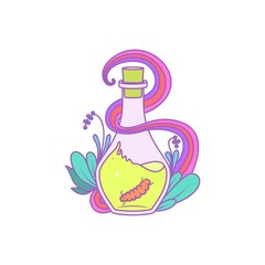A magical bottle with plants around and a caterpillar inside. Vector illustration