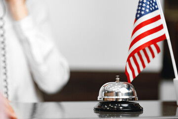 Hotel service bell on front desk counter