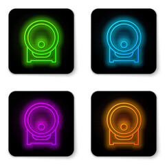 Glowing neon line Wooden barrel on rack with stopcock icon isolated on white background. Black square button. Vector.