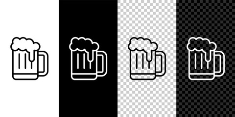 Set line Wooden beer mug icon isolated on black and white,transparent background. Vector.