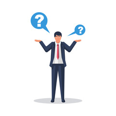 Businessman with of question marks over your head. Human in front of whom the big problems and solution issues. Vector illustration flat design. Isolated on white background.