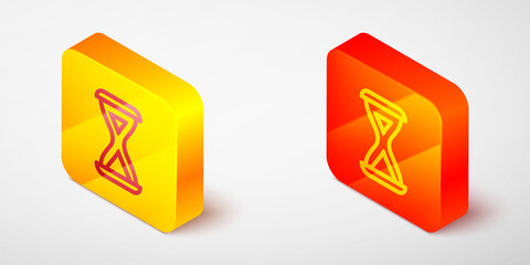Isometric line Sauna hourglass icon isolated on grey background. Sauna timer. Yellow and orange square button. Vector.