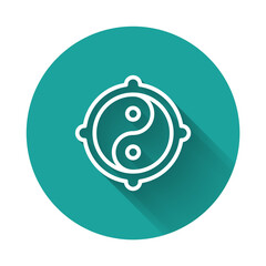 White line Yin Yang symbol of harmony and balance icon isolated with long shadow background. Green circle button. Vector.