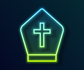 Glowing neon line Pope hat icon isolated on black background. Christian hat sign. Vector.