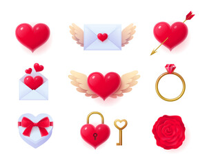 Collection of Happy Valentine Day objects. Wedding, romantic event, holiday celebration symbols realistic vector illustration on white background
